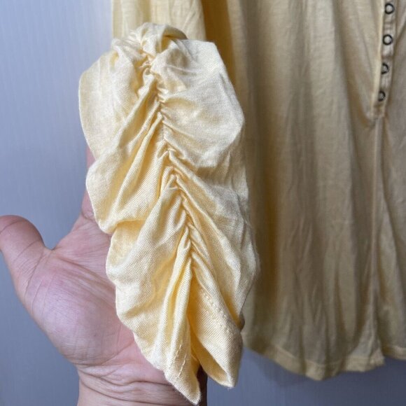 Anthropologie Pilcro Modal Yellow Ruched Sleeves Boho Semi Sheer Top Sz L - Picture 4 of 15